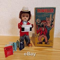 Vintage 1950's 7 Traveller Monkey with Camera Clockwork Wind Up Alps Toys Japan