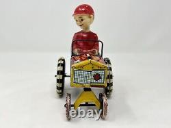 Vintage 1950's MARX Tin Litho Wind Up Toy DAN DIPSY Bobblehead in Hot Dawg Car