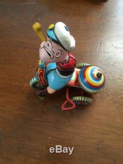 Vintage 1950's Popeye Tin Litho Linemar Tricycle Wind-up Works Great! Missing A