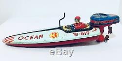 Vintage 1950s Bandai Japanese Tin Litho Racing Wind Up Boat, Antique Alchemy