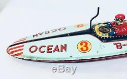 Vintage 1950s Bandai Japanese Tin Litho Racing Wind Up Boat, Antique Alchemy