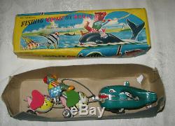 Vintage 1950s Fishing Monkey on Whales TPS Japan Tin Wind Up Toy in Box
