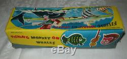 Vintage 1950s Fishing Monkey on Whales TPS Japan Tin Wind Up Toy in Box