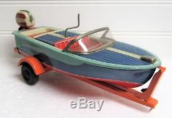 Vintage 1950s HAJI Wind Up Friction Motor Boat On Trailer Tin Toy & Original Box