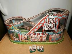 Vintage 1950s J. Chein Roller Coaster Mechanical Tin Windup Toy with 2 Cars