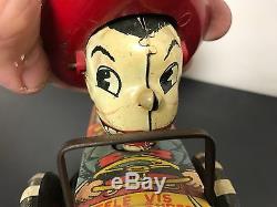 Vintage 1950s MARX TOYS Milton Berle Crazy Wind Up Tin Toy Car with Spinning Head