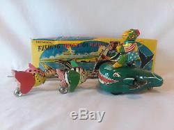 Vintage 1950s Mechanical Fishing Monkey on Whales TPS Japan tin litho wind-up