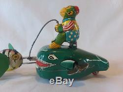 Vintage 1950s Mechanical Fishing Monkey on Whales TPS Japan tin litho wind-up