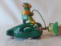 Vintage 1950s Mechanical Fishing Monkey on Whales TPS Japan tin litho wind-up