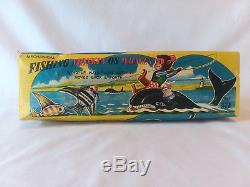 Vintage 1950s Mechanical Fishing Monkey on Whales TPS Japan tin litho wind-up