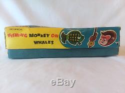 Vintage 1950s Mechanical Fishing Monkey on Whales TPS Japan tin litho wind-up