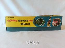 Vintage 1950s Mechanical Fishing Monkey on Whales TPS Japan tin litho wind-up