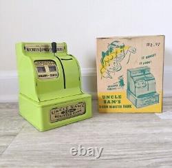 Vintage 1950s Uncle Sam's 3 Coin Register Bank Original Box Metal Toy Lime Green