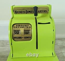 Vintage 1950s Uncle Sam's 3 Coin Register Bank Original Box Metal Toy Lime Green