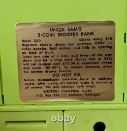 Vintage 1950s Uncle Sam's 3 Coin Register Bank Original Box Metal Toy Lime Green