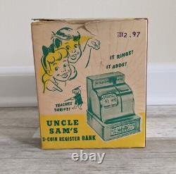Vintage 1950s Uncle Sam's 3 Coin Register Bank Original Box Metal Toy Lime Green