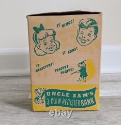 Vintage 1950s Uncle Sam's 3 Coin Register Bank Original Box Metal Toy Lime Green