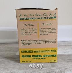 Vintage 1950s Uncle Sam's 3 Coin Register Bank Original Box Metal Toy Lime Green