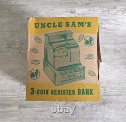Vintage 1950s Uncle Sam's 3 Coin Register Bank Original Box Metal Toy Lime Green