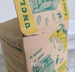 Vintage 1950s Uncle Sam's 3 Coin Register Bank Original Box Metal Toy Lime Green