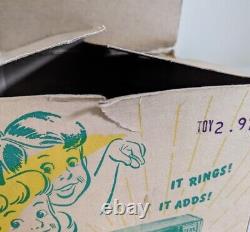Vintage 1950s Uncle Sam's 3 Coin Register Bank Original Box Metal Toy Lime Green