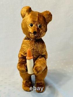 Vintage 1960's TEDDY BEAR Wind Up Mechanical BEAR WITH WOOD BOTTLE Russian USSR