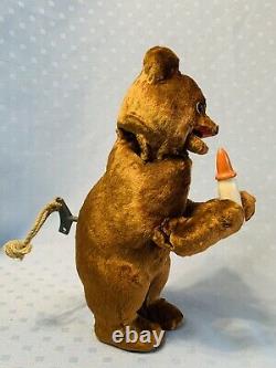 Vintage 1960's TEDDY BEAR Wind Up Mechanical BEAR WITH WOOD BOTTLE Russian USSR