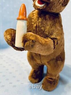 Vintage 1960's TEDDY BEAR Wind Up Mechanical BEAR WITH WOOD BOTTLE Russian USSR