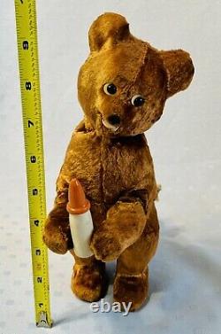 Vintage 1960's TEDDY BEAR Wind Up Mechanical BEAR WITH WOOD BOTTLE Russian USSR