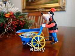Vintage 1960s Marx Mechanical Wind-Up Disney Goofy Wheel Barrow Toy NIB