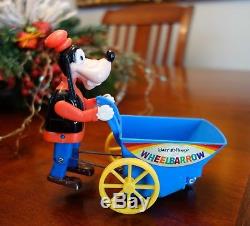 Vintage 1960s Marx Mechanical Wind-Up Disney Goofy Wheel Barrow Toy NIB