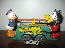 Vintage 30's Disney Wells Mickey Mouse Donald Duck Wind Up Rail Handcar Tin Toy