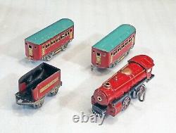 Vintage 30s IVES Wind up Train Engine, tender & 2 Passenger Cars set