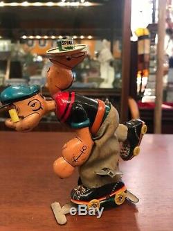 Vintage 50s LINEMAR POPEYE ROLLER SKATER Wind Up Tin Toy Japan MARX