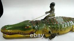 Vintage Alligator Tin Lithograph Wind Up Toy With Figure