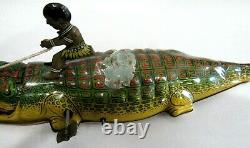 Vintage Alligator Tin Lithograph Wind Up Toy With Figure