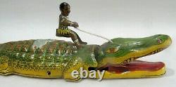 Vintage Alligator Tin Lithograph Wind Up Toy With Figure