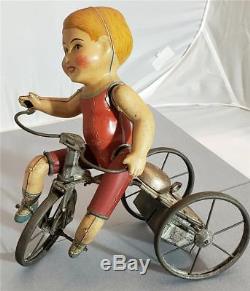 Vintage Antique Boy Wind Up Toy Tin Litho Tricycle Marx Wonder Bike 1920's Rare