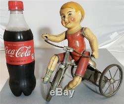 Vintage Antique Boy Wind Up Toy Tin Litho Tricycle Marx Wonder Bike 1920's Rare