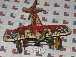 Vintage Antique Marx U. S Army Fighter Plane WWII Toy Windup Airplane