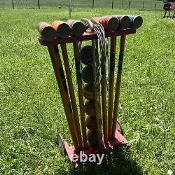 Vintage Antique South Bend Toys Wood Wooden Croquet Set with caddy COMPLETE