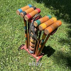 Vintage Antique South Bend Toys Wood Wooden Croquet Set with caddy COMPLETE