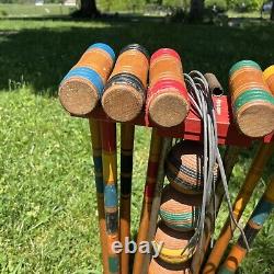 Vintage Antique South Bend Toys Wood Wooden Croquet Set with caddy COMPLETE