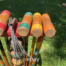 Vintage Antique South Bend Toys Wood Wooden Croquet Set with caddy COMPLETE