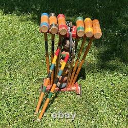 Vintage Antique South Bend Toys Wood Wooden Croquet Set with caddy COMPLETE