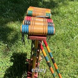 Vintage Antique South Bend Toys Wood Wooden Croquet Set with caddy COMPLETE