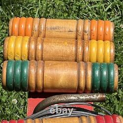 Vintage Antique South Bend Toys Wood Wooden Croquet Set with caddy COMPLETE