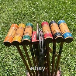 Vintage Antique South Bend Toys Wood Wooden Croquet Set with caddy COMPLETE