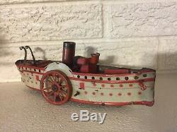 Vintage Antique Tin Lithograph Steam Paddle Wheel Boat Wind-up Toy Orobr German