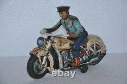 Vintage Battery MT Trademark Police Litho Motorcycle Rider Tin Toy, Japan